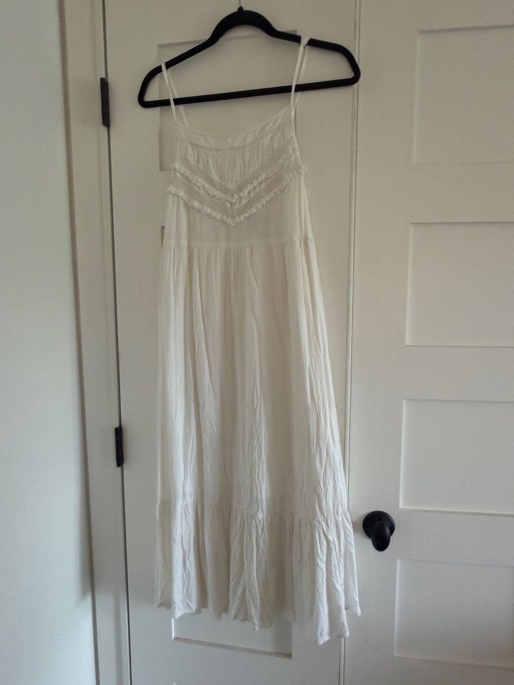 White Boho Midi Dress with Spaghetti Straps